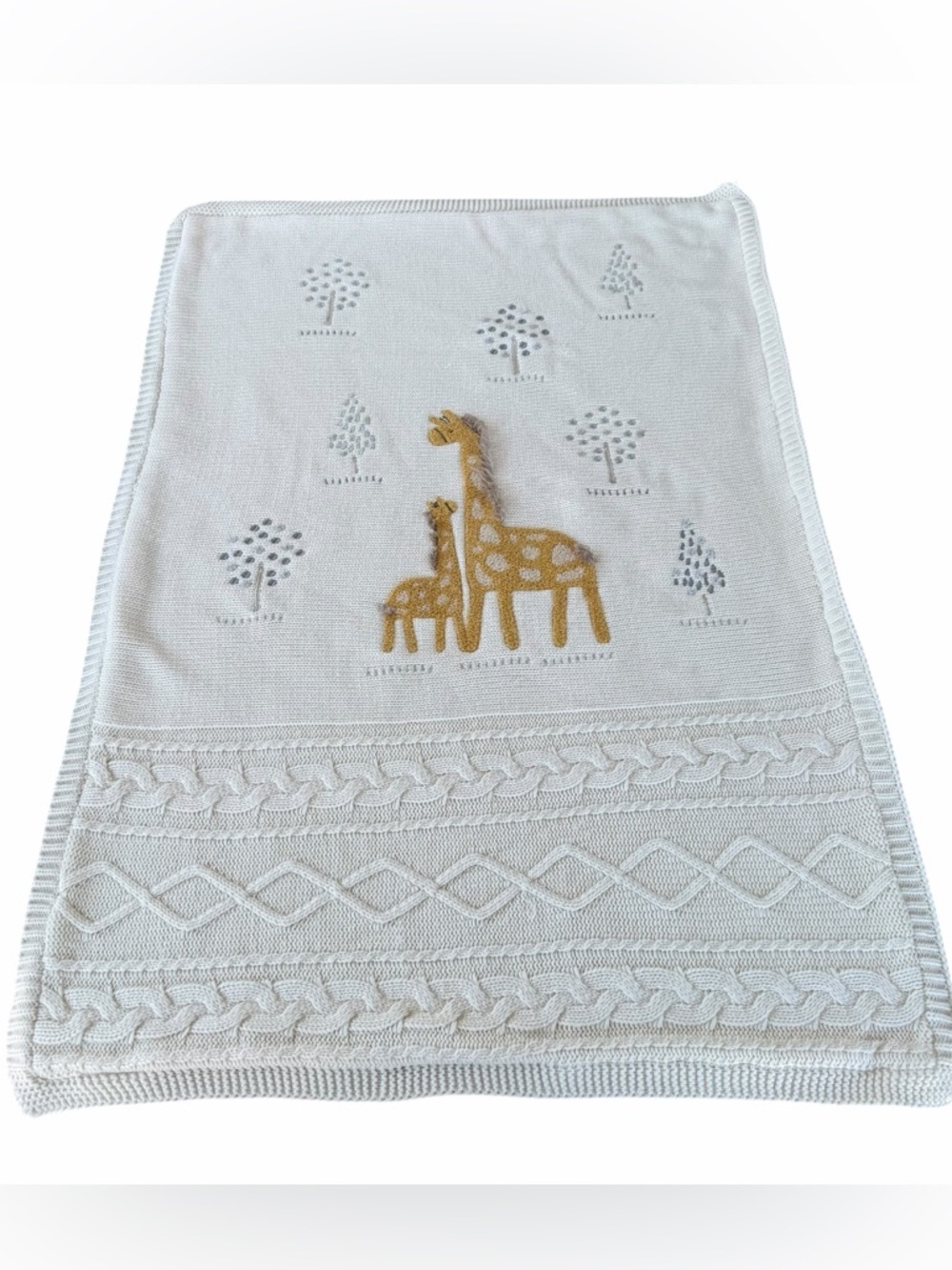 Pottery Barn Kids Giraffe Recycled Heirloom Cable Knit‎ Baby Blanket 28x41 GUC